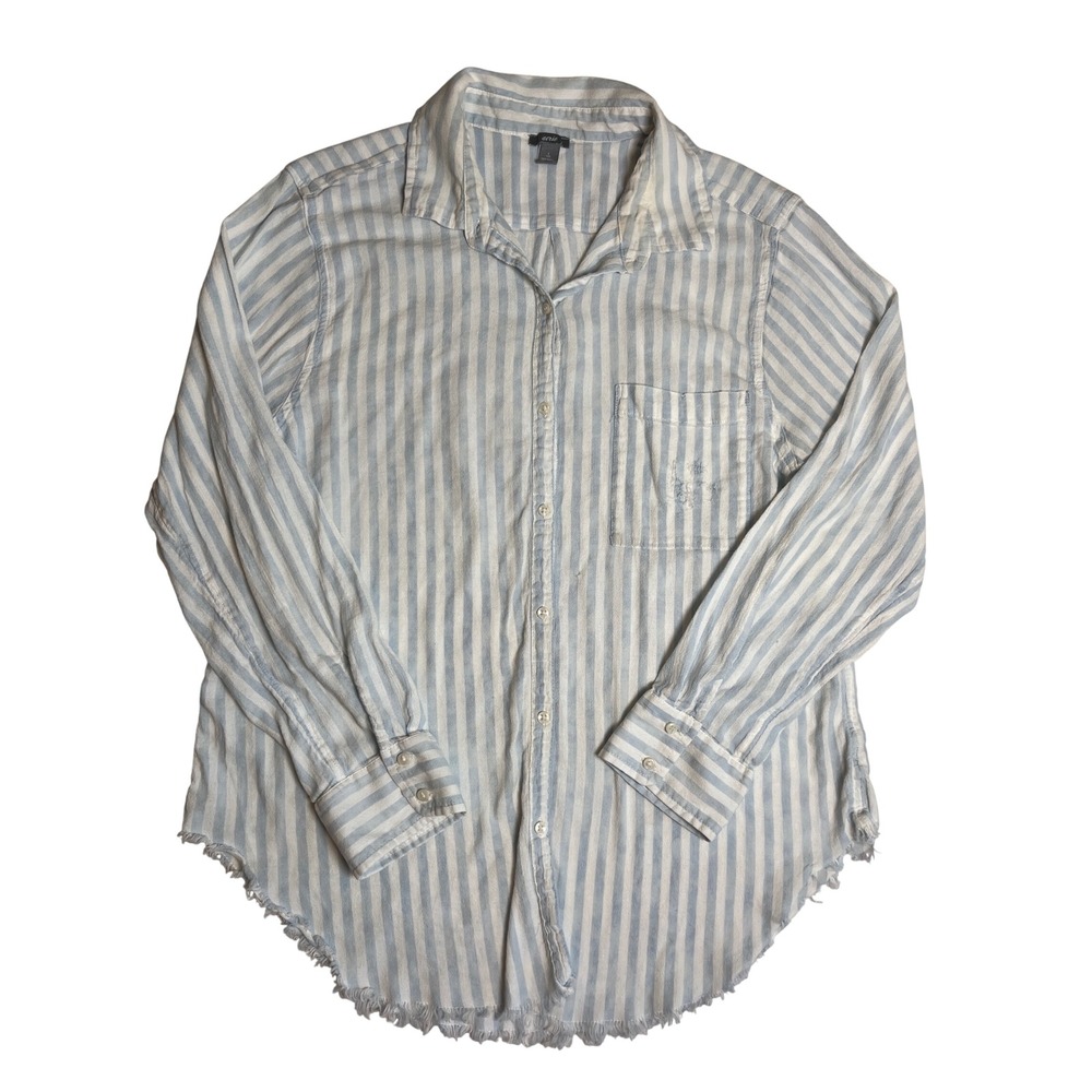 Aerie Womens Casual Boho Blue White Striped Button Down Shirt Raw Hem Size L